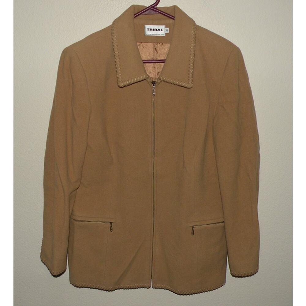 Tribal Women’s 12 Full Zip Wool Cashmere Coat Jacket Tan Lined Pockets